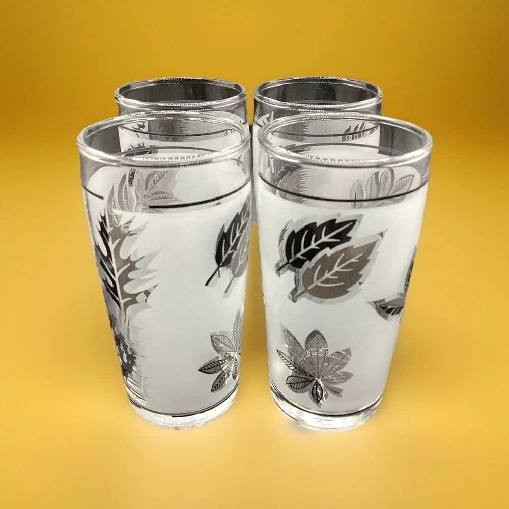 Vintage Libbey Frosted Silver Leaf Juice‎ Glasses Set of 4  4